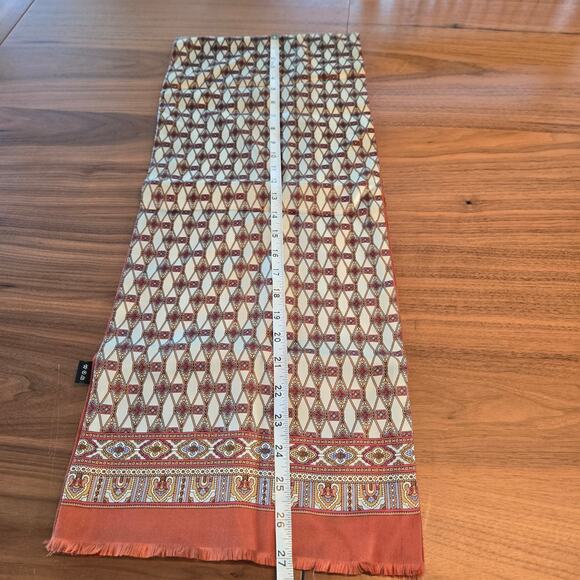 Scarf Long Rectangle Geometric Fringed Silk Wool Blend Neutral 11 x 54 - Picture 4 of 6